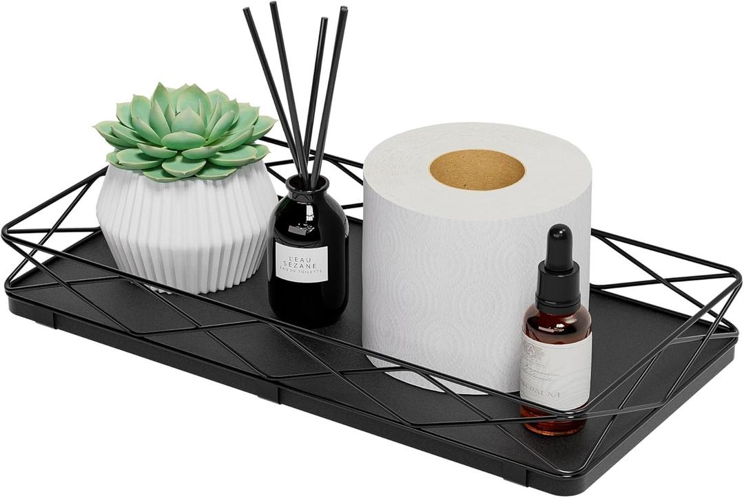 Lixple Toilet Paper Basket Holder, 13" Toilet Tank Tray, Wood and Metal Toilet Tray Vanity Organizer Bathroom Tray, Kitchen Sink Organizer for Soap Dispenser (Black)