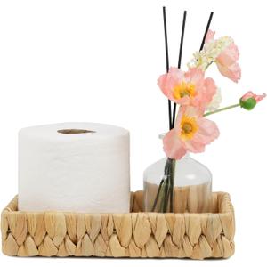 Bathroom Tray Countertop, 10 Inch Water Hyacinth Bathroom Basket, Toilet Tank Bathroom Vanity Tray, Rattan Wicker Tray for Bathroom Decor Coffee Table (Small) (10.1" x 6" x 2")