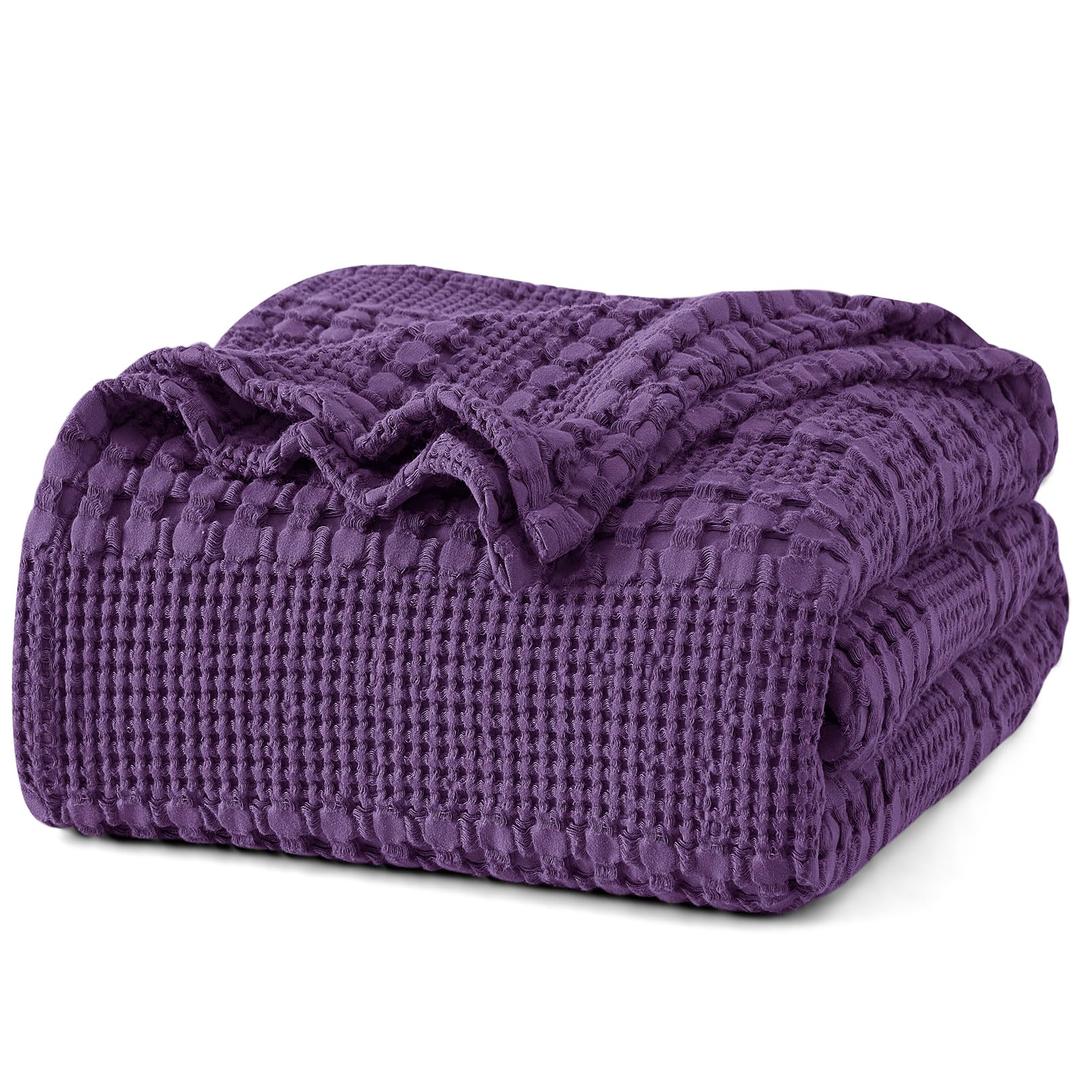 PHF 100% Cotton Waffle Weave Blanket Queen Size for Bed, Soft Lightweight & Breathable, All-Season Comfort, Luxury Aesthetic Woven Bedding for Home Decor, 90"x90", Grape Purple