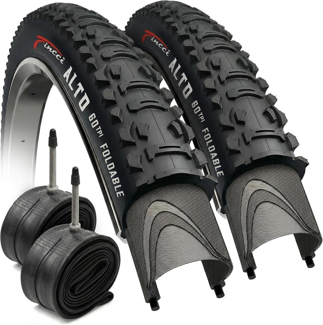 Fincci XC Knobby 26 inch Bike Tires with 2X 26 inch Bike Tube 50-559 - Pair 26x1.95 Bike Tire - Foldable Mountain Tires with Kevlar - 26" Wheelset for Electric, Folding, Enduro, Offroad, Hybrid Bikes