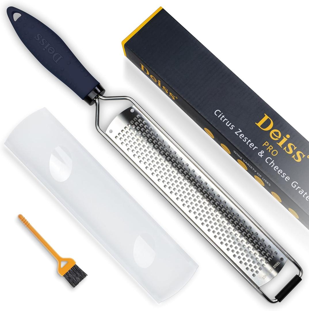 Deiss PRO Lemon Zester & Heavy Duty Cheese Grater & Vegetable Grater  Parmesan Cheese, Lemon, Garlic, Nutmeg, Chocolate, Fruits, Vegetables, Ginger Grater - Stainless Steel Cheese Shredder - Black