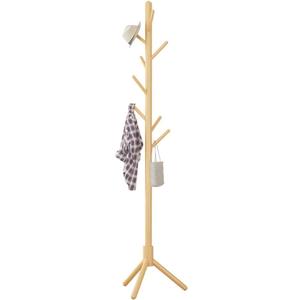 Solid Wood Coat Rack Freestanding Coat Tree Stand with 8 Hooks & Tripod Base for Coats Hats Bags Purses, for Entryway Hallway