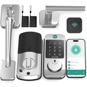 Keyless Entry Door Lock Deadbolt with Handle Set - SMONET Fingerprint WiFi Smart Deadbolt, Digital Remote Control Keypad Bluetooth Alexa Lockset with Auto Lock Code Fob App Silver