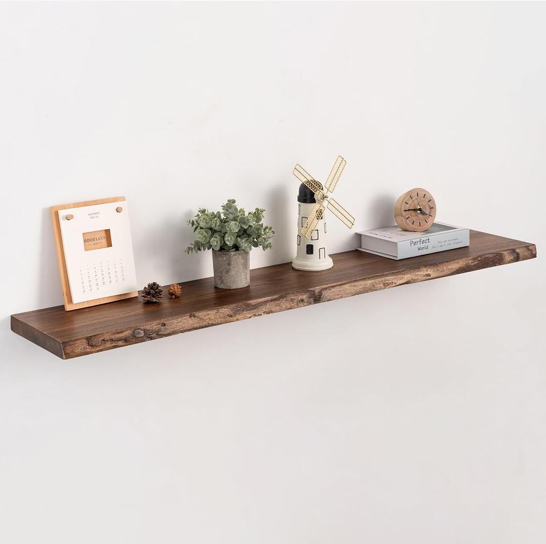 Live Edge Floating Shelf, 40 Inch Solid Elm Wood - Vintage Rustic Wood Wall Shelf with Invisible Brackets for Living Room, Kitchen, Bathroom