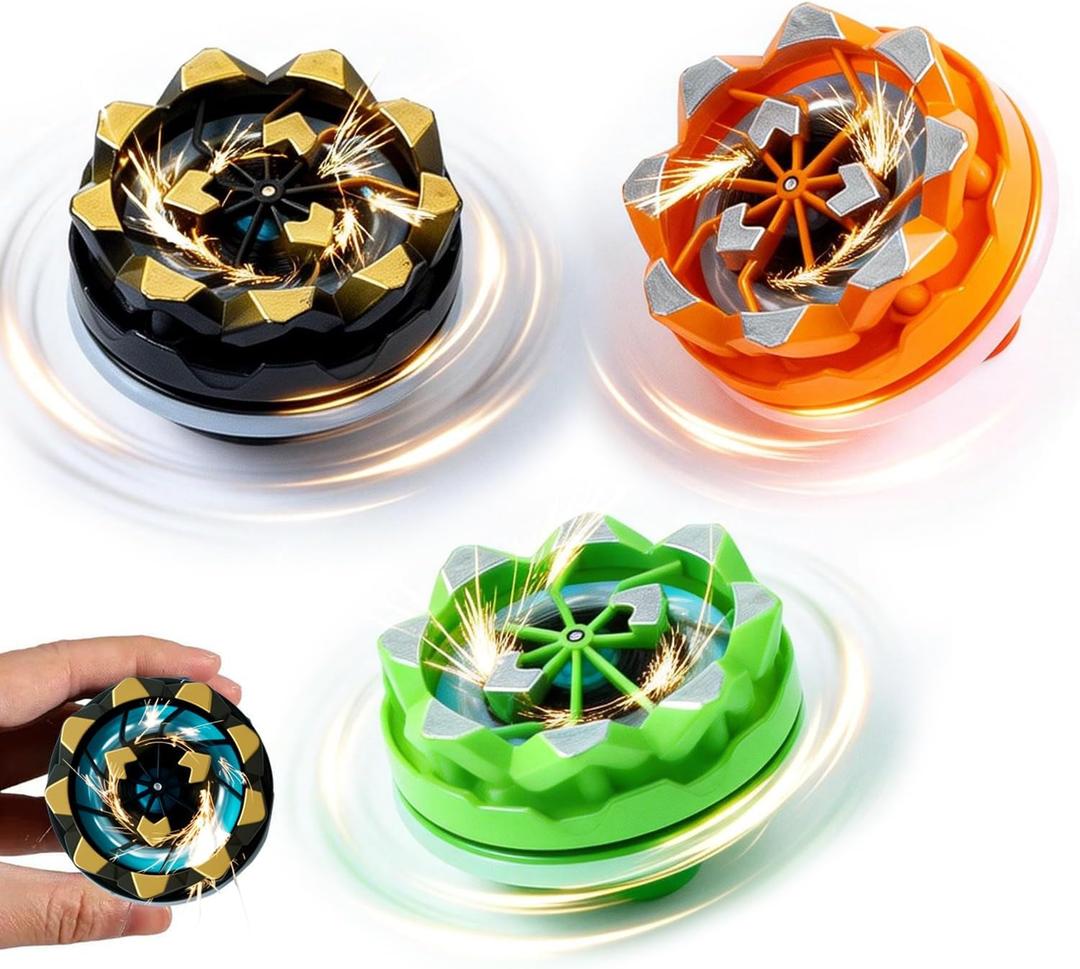 3-Pack Sparking Battle Spinning Tops, Bey-Style Light Up Gyro with Sparkler Effect, Sensory Fidget & Anxiety Relief Toys, Classroom Prizes, Stocking Stuffers, Party Favors Gifts for Boys Girls Ages 6+ (3pack black+orange+green)