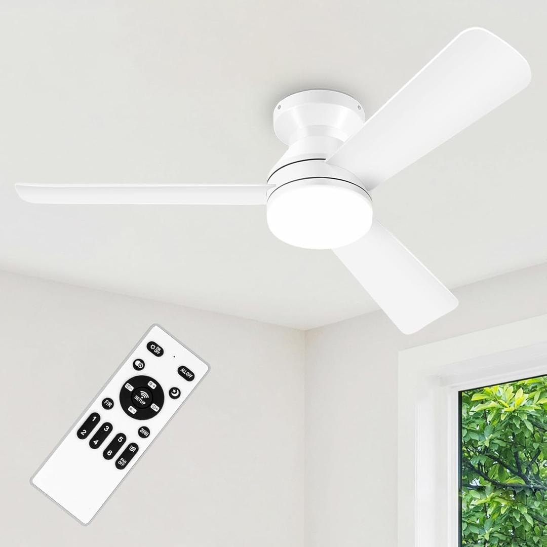 42" White Ceiling Fans with Lights and Remote, Low Profile Ceiling Fan with Light, Reversible DC Motors, 3CCT Dimmable Timer Noiseless, Flush Mount Ceiling Fan for Bedroom/Living Room