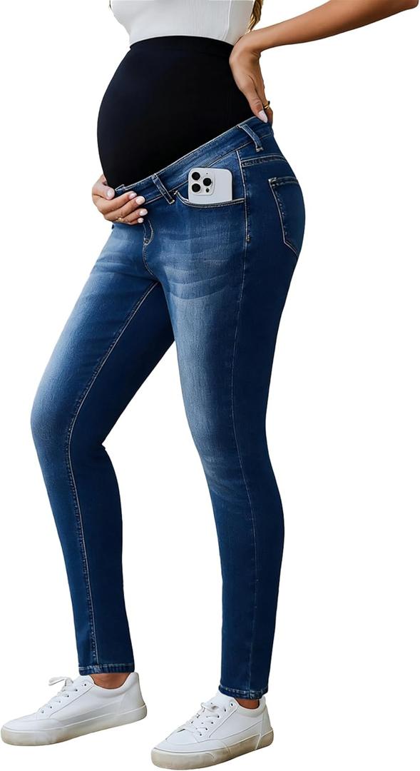 Ecavus Women's Maternity Jeans Over Belly Stretchy Skinny Denim Pregnancy Pants Maternity Clothes with Pockets (Medium, Dark Blue Long)