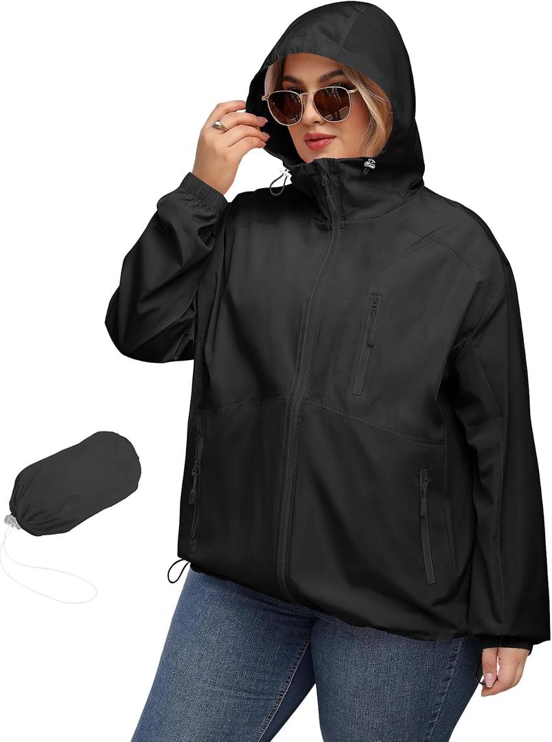 Avoogue Plus Size Womens Rain Jacket with Hood Waterproof Raincoats Lightweight Packable Outdoor Trench Coat 3XL (Black)