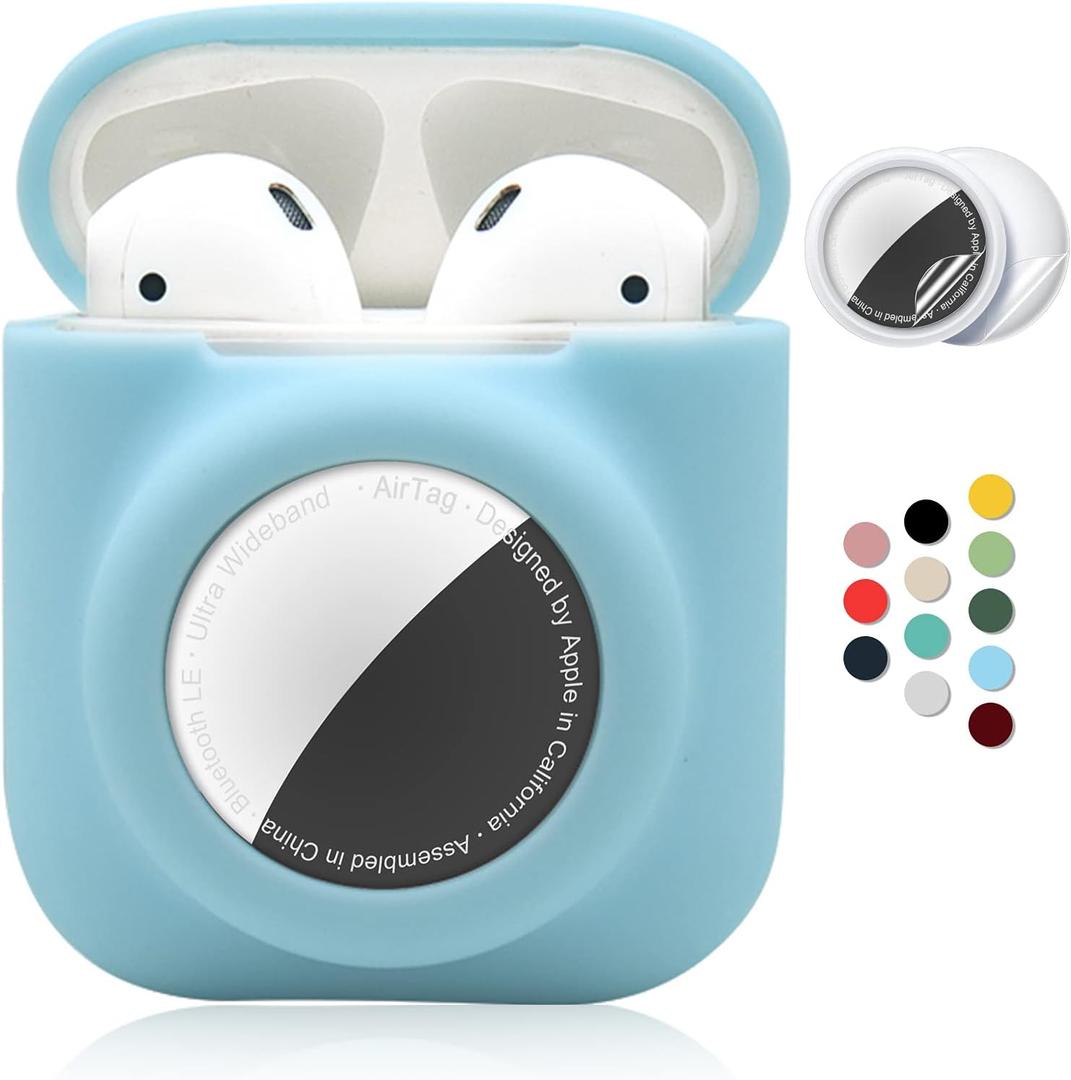 2 in 1 Silicone Protective Skin Cover Compatible with AirPod 1&2 and AirTag, Soft Comprehensive Protective Case with 2 PCS TPU Screen Protector, Anti-Scratch Anti-Fall Anti-Lost(Blue)