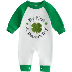 FOCUSNORM My First St. Patrick's Day Baby Girl Boy Outfit Clover Pattern Jumpsuit Romper Onesie Newborn Irish Day Clothes (6-12 Months, Cute Green)