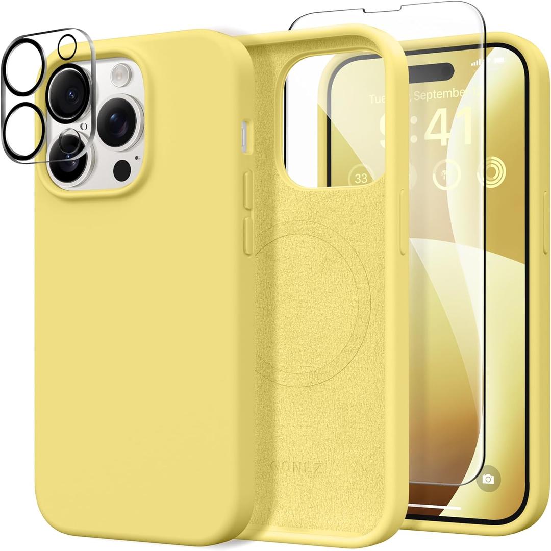 GONEZ for iPhone 14 Pro Max Case Silicone, Compatible with MagSafe, with Screen Protector + Camera Lens Protector, Liquid Silicone Shockproof Protective Phone 14 ProMax Case 6.7", Yellow