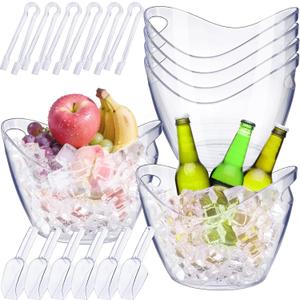 Aneco 6 Pack Plastic Ice Bucket for Parties 4 Liter Clear Wine Bucket with Ice Scoops and Tongs, Wine Bottle Chiller Beer Buckets Oval Beverage Tub Beverage Chiller Bin for Champagne Beer Bottles