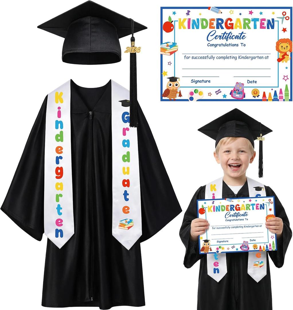 Kindergarten Graduation Cap and Gown Set Unisex Congrats Grad Outfit with Certificate Stole for Kid Grad Gifts (Black, 27")