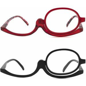 2 Pack Makeup Reading Glasses for Women Flip Down Cosmetic Readers Make Up Eyeglasses Spring Hinge +2.75 (Black + Red)