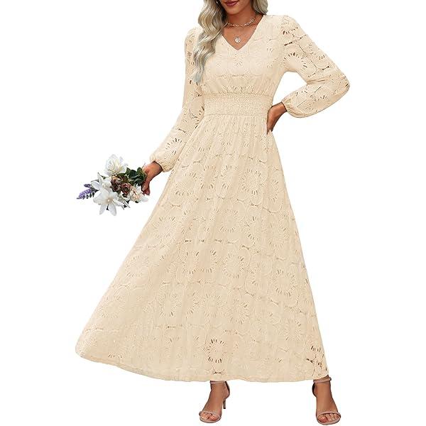 Women's Fall Long Puff Sleeve Floral Maxi Dress V Neck Lace Eyelet Hollow Out A Line Flowy Wedding Guest Dresses Pocket (US, Alpha, Medium, Regular, Regular, Apricot)