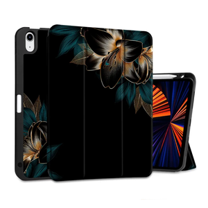 MEEgoodo Case for iPad Air 11 inch (M3) 2025/ (M2) 2024, Cover for iPad Air 5th Generation/iPad Air 4th Generation 10.9 inch 2022 2020, Tablet Cases with Pencil Holder, Golden Lilies