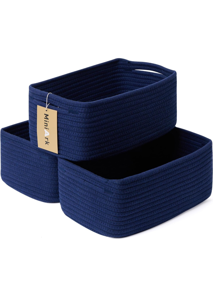 Small Storage Baskets for Organizing | Closet Organizer Bins | Shelf Toy Basket | Woven Rope Baskets | Cube Decorative Box | Shallow Basket | 13x8.5x5.1” | 3 Packs Navy Blue
