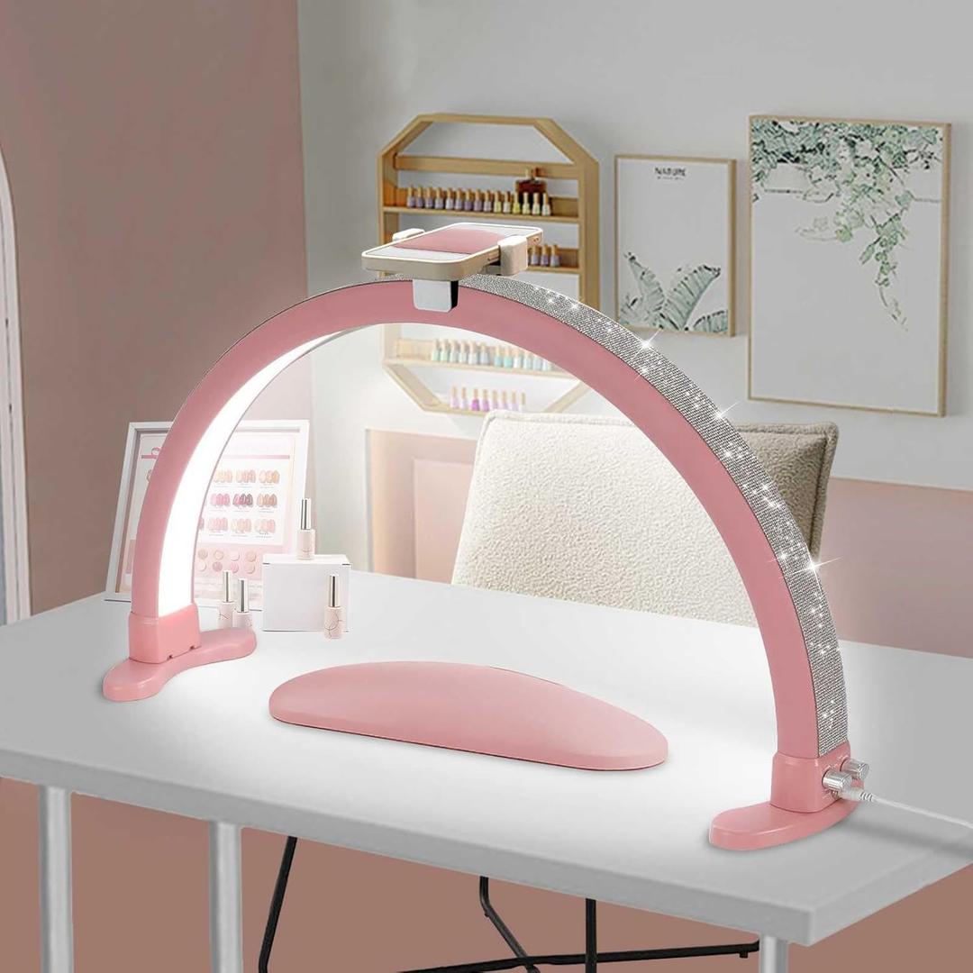 Half Moon Light for Nail Desk with Phone Holder, Adjustable Brightness 2700K-6000K, 45W Rhinestones Arch Light for Nail Techs (Pink)