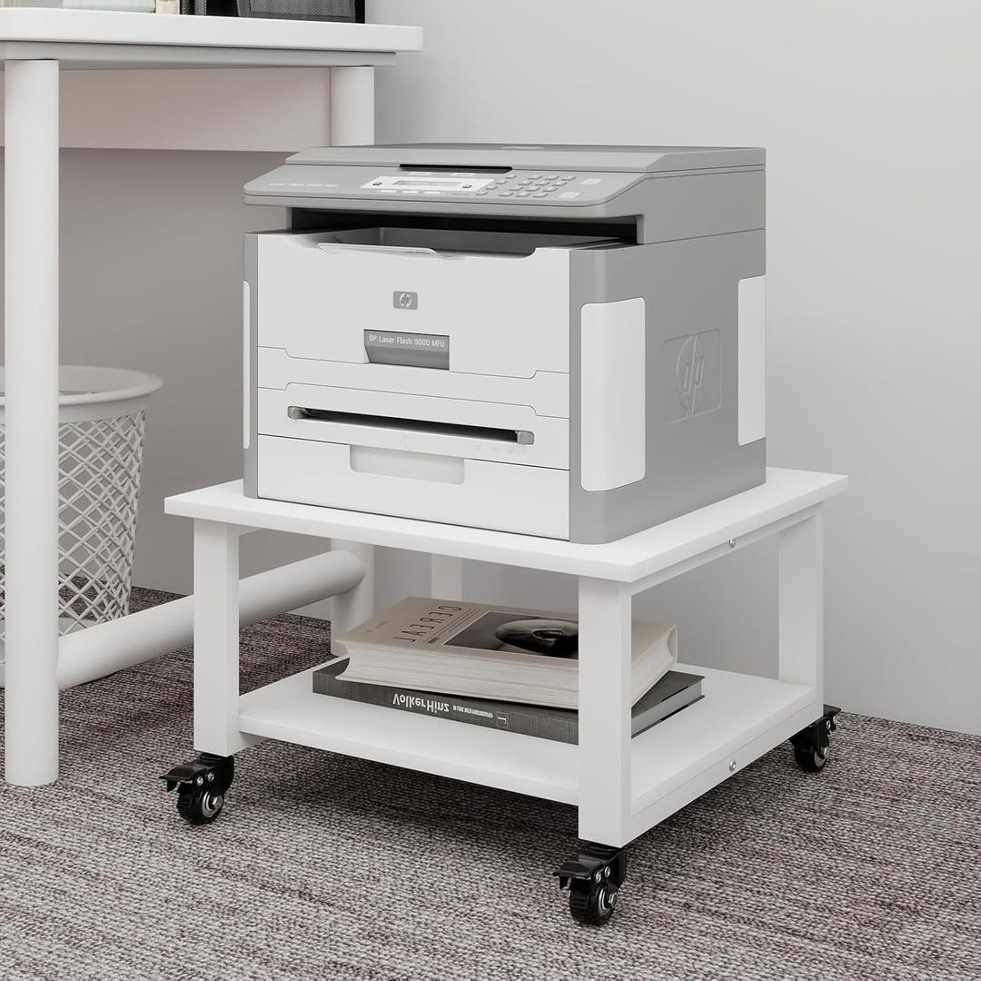 Natwind 2 Tier Laser Printer Stand,19.7''x19.7''x12.6'' Large Printer Table Copier Stand Under Desk,Heavy Duty Rolling Cart with Paper Storage Shelf,Printer Holder on Wheels for Home Office (White)