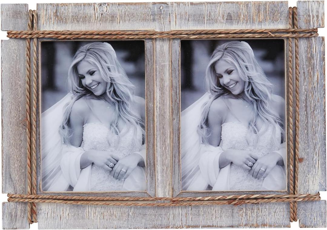 AKRILANE 2 Openings 5x7 Picture Frame Wood Rustic, Decorative, Distressed & Vintage Looking Photo Frames Wall Decor for Wall Mount & Table Top Display for Home Decor – 5 x 7 Wedding Picture Frames – Style A