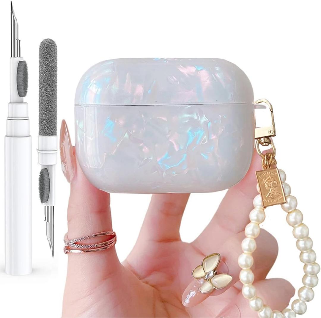 for Cute Glitter Airpods Pro 3 Case 2025 with Cleaner Pen, Shell Pattern Apple Airpod iPod Pro 3rd Generation Cover Protective Skin Girl Women with Luxury Pearl Keychain, Colorful