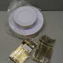 YOUBET 125PCS White Plastic Plates with Gold Rim, Gold Plates Disposable with Golden Silverware Include 25 Dinner Plate 25 Dessert Plate 25 Forks 25 Knives 25 Spoons For Wedding, Parties