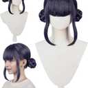 TIKJOYS Wig Cap + Dark Purple Wigs with Braided Buns for Women Short Black Purple Costume Wigs with Bangs for Cosplay 2 Braid Buns Cosplay Wigs for Halloween Party Costume Anime Outfit