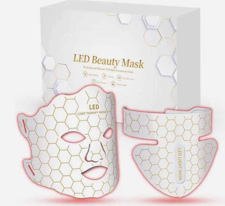 Yahi Red Light Photon Facial & Neck Mask with Remote Control, 7 Custom Modes with Infrared, Portable & Rechargeable with Timer for Home Use, 175 HighDensity Light Beads, White