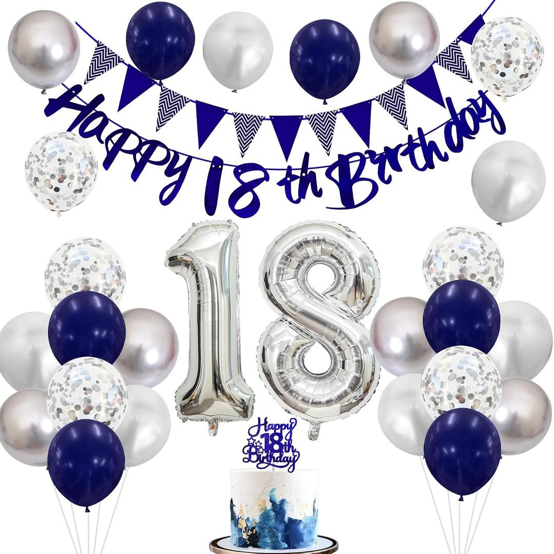 18th Birthday Decorations for Boys Girls, Black Happy 18th Birthday Banner with Black Silver White 18th Balloons Cake Topper Number 18 Foil Balloonfor 18 Year Old Party Decoration