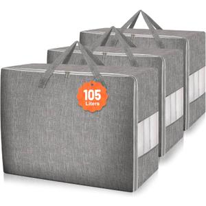 3 Pack 105L Comforter Storage Bags, Extra Large Bedding Storage Bags with Sturdy Zipper and Reinforced Handle, Clear Window, Moving Closet Organizers for Comforters and Blankets, Pillows