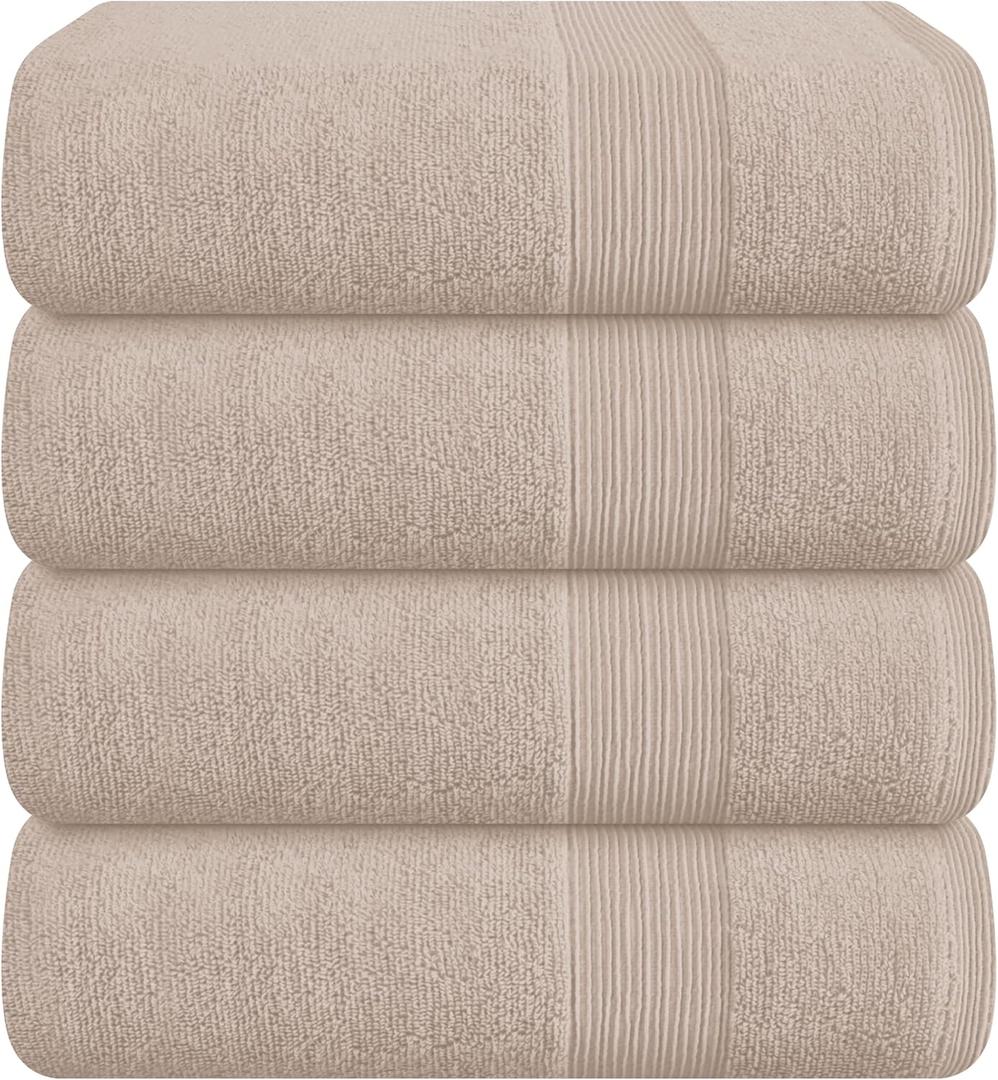 Belizzi Home 4 Pack Bath Towel Set 27x54, 100% Ring Spun Cotton, Ultra Soft Highly Absorbent Machine Washable Hotel Spa Quality Bath Towels for Bathroom, 4 Bath Towels Tan