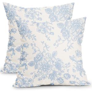 Vintage Floral Pillow Covers 20x20 Inch Set of 2 Baby Blue and Cream Floral Throw Pillow Covers Chinoiserie Flower Pillowcases Rustic Farmhouse Cushion Covers for Couch Home Decor