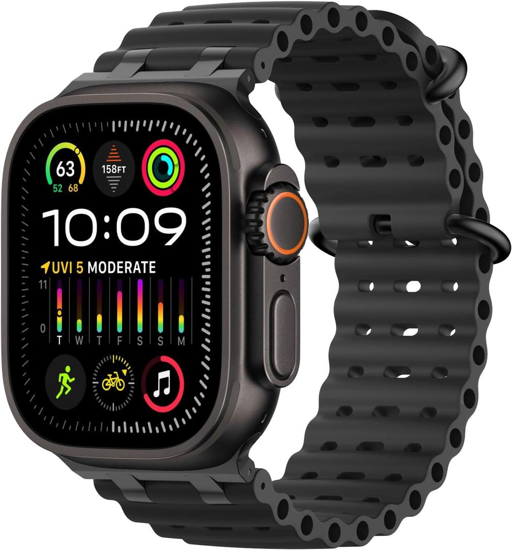 MoKo Ocean Band Compatible with Apple Watch Ultra 3/ 2/ 1 49mm, Upgraded Silicone Sports Bands 46mm 45mm 44mm for Men Women, Series 11/ 10/ 9/ 8/ 7/ 6/ 5 SE3/ 2/ 1 Breathable Strap with Metal Connector, A-Bk/ Bk