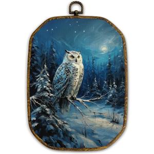 Yjeslw Vintage Winter Owl Octagon Wall Art Decor, Rustic Forest Owl Framed Canvas Prints, Cottagecore Farmhouse Snowy Bird Wall Hanging Decorations for Home Bedroom Living Room Decor, 10.2x7 Inches