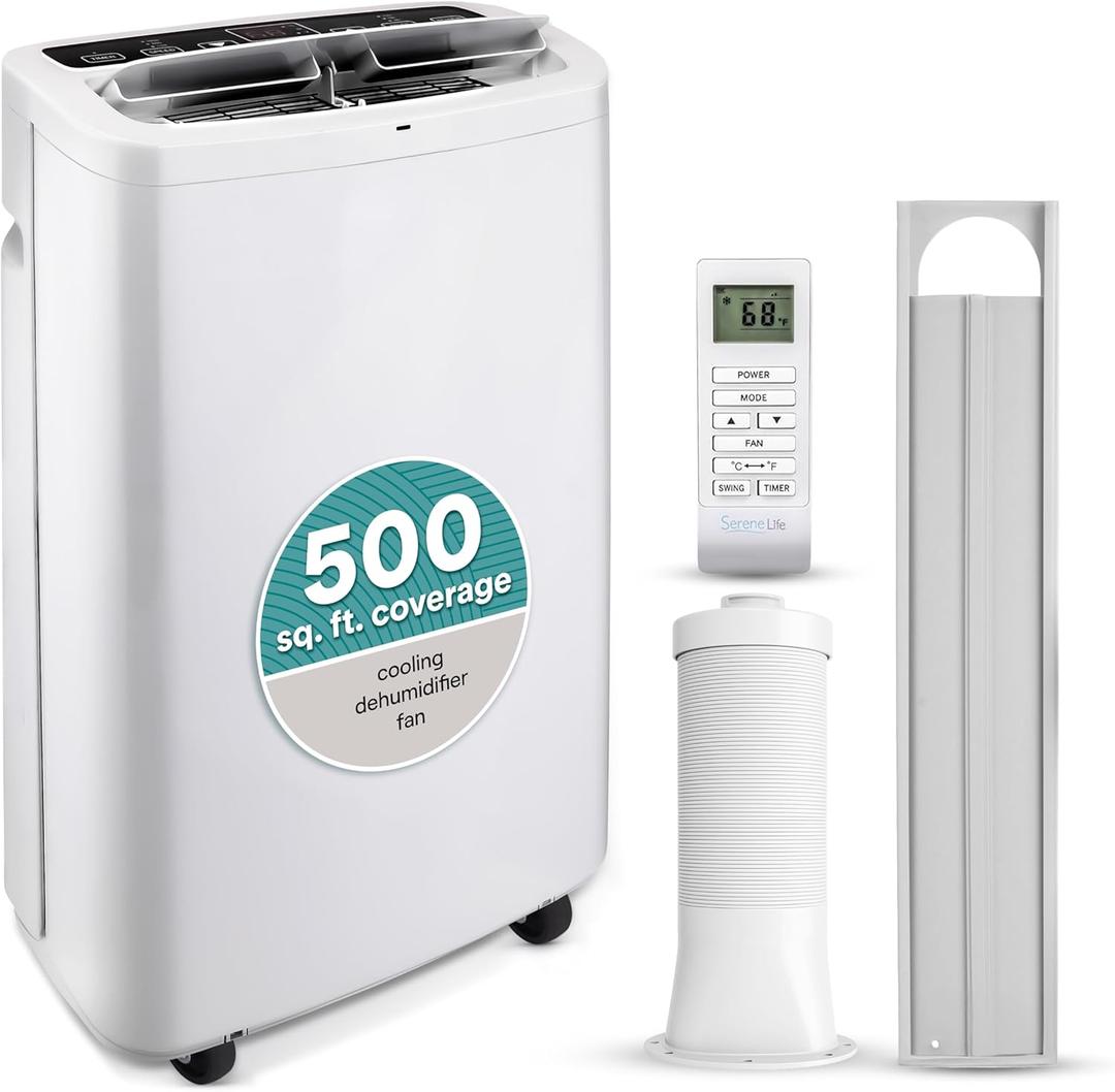 SereneLife Small Air Conditioner Portable 14,000 BTU with Built-in Dehumidifier - Portable AC unit for rooms up to 650 sq ft - Remote Control, Window Mount Exhaust Kit (White)
