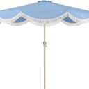 Tempera 9ft Blue Scalloped Patio Umbrella with Fringe,UV Protection Fade Resistant Canopy, 8 Sturdy Ribs, Outdoor Table Umbrella with Crank Tilt for Lawn, Pool, Deck, Balcony