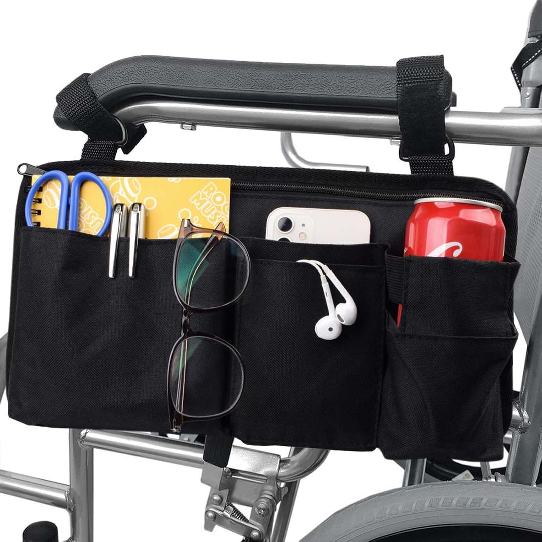 Wheelchair Side Bag with Cup Holder,Wheelchair Armrest Accessories Storage Pouch for RollatorWalkerPower WheelchairsNylon Walker Side Bag, Black
