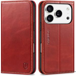 SHIELDON Genuine Leather Case Wallet for iPhone 17 Pro 6.3-inch 2025 | Book Design | Magnetic | Kickstand | RFID Blocking Credit Card Holder | Soft Shockproof Phone Cover | Retro Red