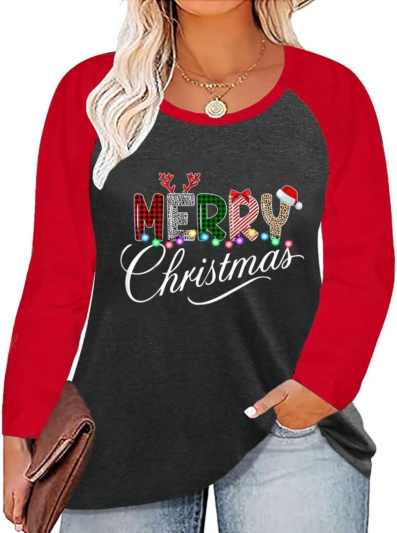 Plus Size Christmas Shirt Women Merry and Bright Long Sleeve Merry Christmas Long Sleeve Xmas T Shirts Tops (3X-Large, P10)