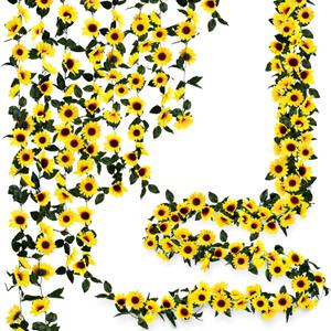 Uieke 12PCS Artificial Sunflower Garland, 7.5ft/Strand Silk Sunflowers Hanging Vines Flowers with Green Leaves for Room Kitchen Garden Birthday Wedding Baby Shower Party Table Decor Large