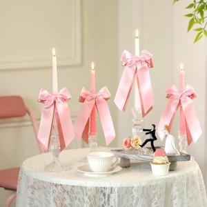 12 Pcs Pink Valentines Candlestick Bows Decor Double-layer Satin Ribbon Bow for Candle 7.9'' Pre-tied Bowknot with Ties for Wedding Coquette Bridal Shower Pink Party Decor Table Centerpieces