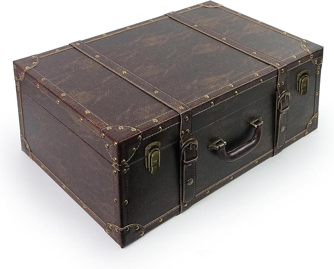 Vintage Style Faux Leather Storage Trunk with Leather Straps and Brass Studs, Dark Brown
