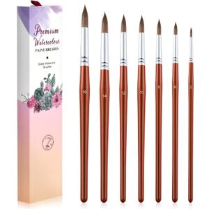 Professional Sable Hair Watercolor Brush Set - Round Tips, Wood Handle, 7-Pack for Watercolor, Acrylic, Gouache, Inks