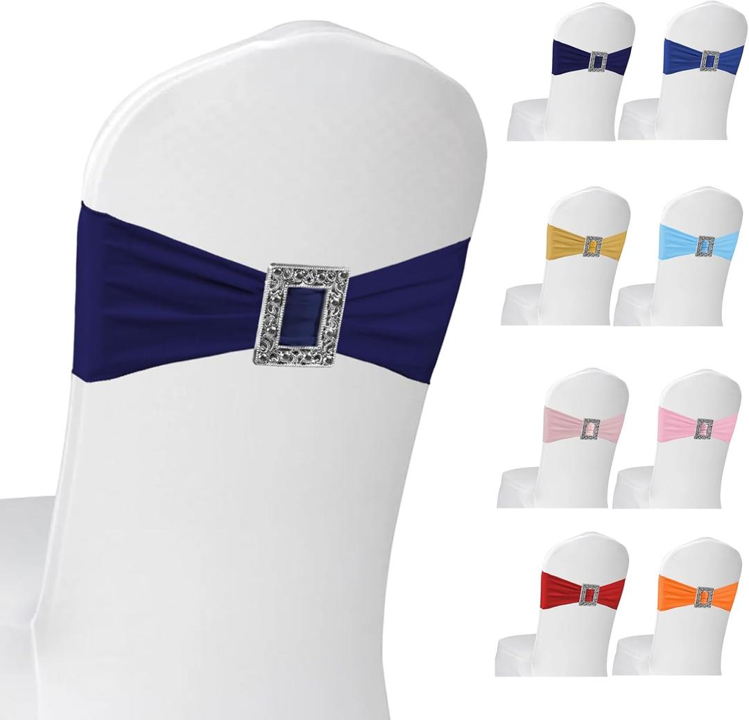 100 Pack Spandex Stretch Chair Sashes Bows Elastic Chair Cover Bands Ties with Buckle Slider for Wedding Party Banquet Restaurant Baby Shower Chairs Decorations (Navy Blue)