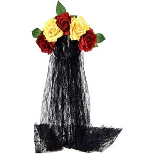 June Bloomy Day of the Dead Headpiece Rose Floral Crown Veil Halloween Costume Mexican Flower Headband (Red Yellow)