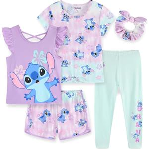 Disney Minnie Mouse Moana Little Mermaid Girls 5 Piece Set with 2 Tops, Leggings, Shorts & Scrunchie for Toddlers & Big Kids (10, Purple/Aqua)