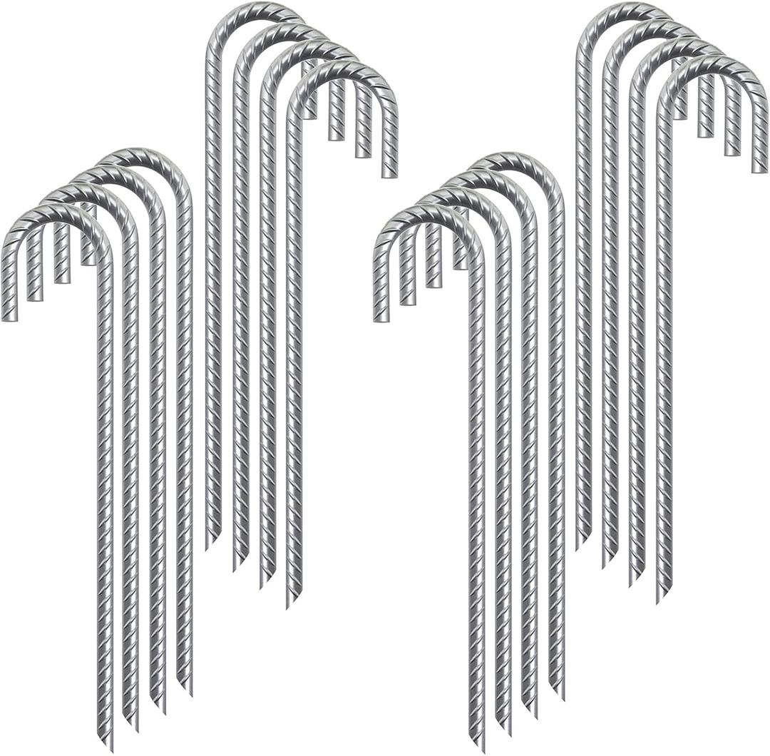 Rebar Stakes 12 Inch 16 Pack Tent Stakes Heavy Duty Metal J Hook, Fence Stakes for Trampoline, Fence, Camping Tent (16, J-12 x5/16)