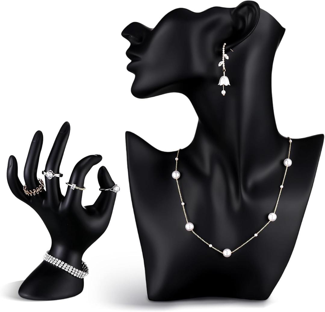 2 Pcs Resin Jewelry Mannequin Display Set Including Boutique Bust Holder and Hand Ring Holder Necklace Stand Display Earring Holder Organizer for Bracelets Pendant Shows Selling (Black)