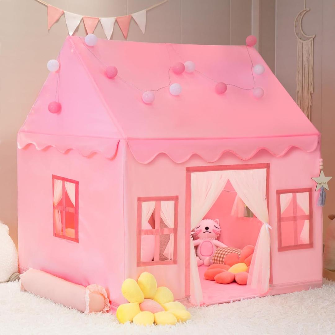 Large Kids Tent Playhouse Basic Mat with Star Lights, Flags and Tote Bags, Play Tent Indoor & Outdoor, Washable Teepee Tent for Boys & Girls, Kids Play House for Toddler, Pink