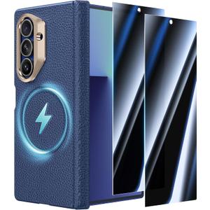 Leather Case for Samsung Galaxy Z Fold 7 with Hinge Protection, [Compatible with MagSafe] with 2 X Privacy Screen Protector Magnetic Cover for Galaxy Z Fold7 2025 [Without Front Frame], Blue